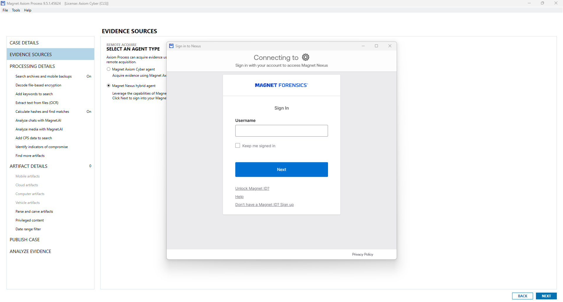 A screenshot of Magnet Axiom Cyber showing the connection to Magnet Nexus for selection of the hybrid agent type in "evidence sources".