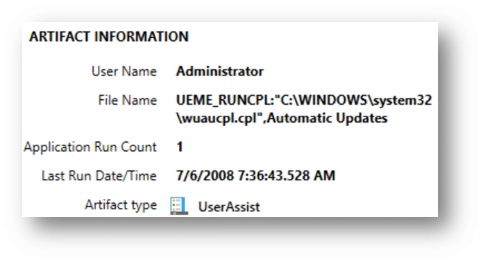 Screenshot of Axiom decoded RunCPL UserAssist artifact.
