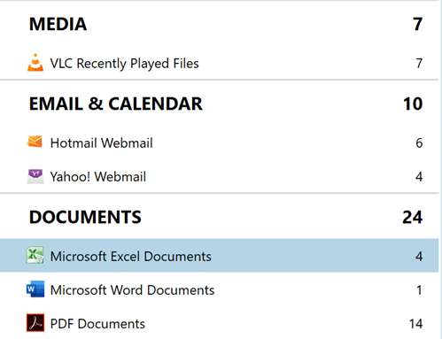 A context menu showing the results of recovered artifacts in Magnet Axiom Cyber. It shows that 4 Micosoft Excel Documents were recovered in an eDiscovery investigation.