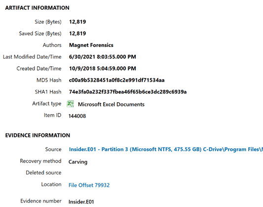 A screenshot showing the full information of a recovered file in Magnet Axiom Cyber.