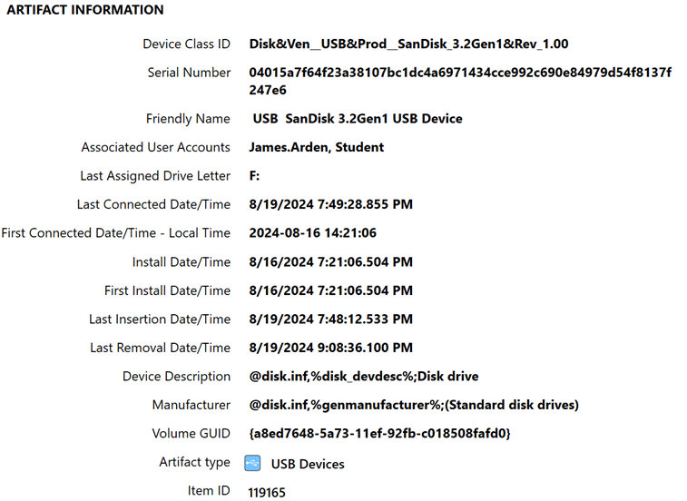 A screenshot showing the full artifact information about a piece of evidence in an eDiscovery investigation.