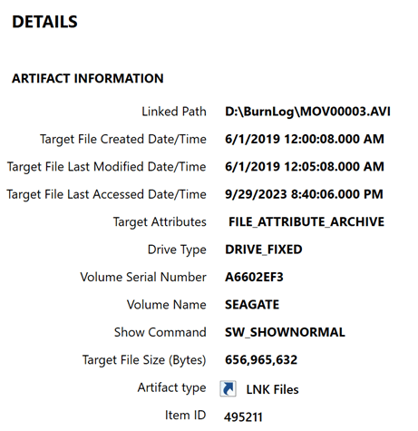 A screenshot of the Details view in Magnet Axiom Cyber showing a breakdown of the information about a forensic artifact.