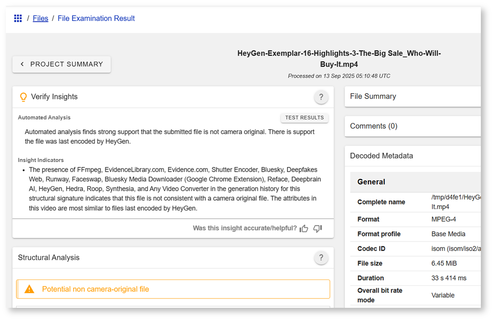 Screenshot of a sample automatic analysis summary for an evidence file, as referenced above.