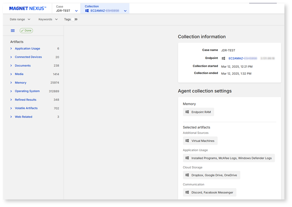 A screenshot showing Magnet Nexus showing a comprehensive collection of artifacts in an employee departure investigation