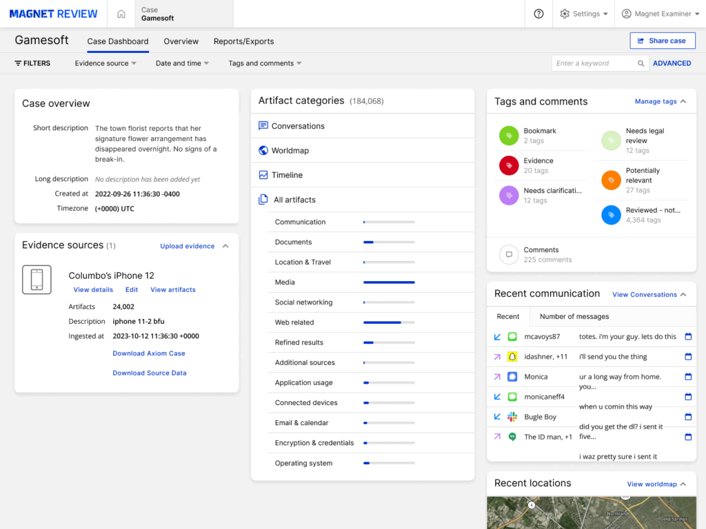 A screenshot of Magnet Review's Case Dashboard screen showing information coming from Magnet One via Magnet Graykey using Mobile Case Stream.