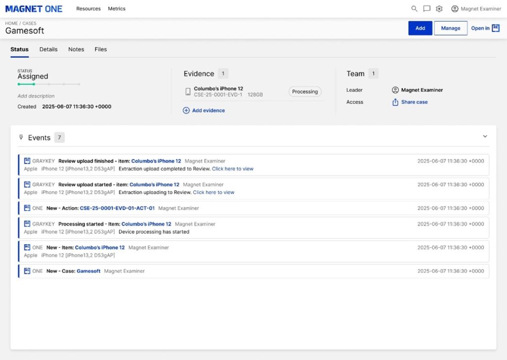 A screenshot of Magnet One's Status screen in the Cases function showing information coming from Magnet Graykey through Mobile Case Stream.