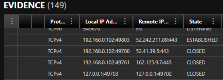 A screenshot of hiberfil.sys evidence, specifically network artifacts.