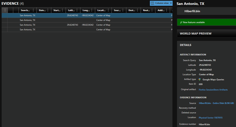 A screenshot of hiberfil.sys evidence, world map preview.
