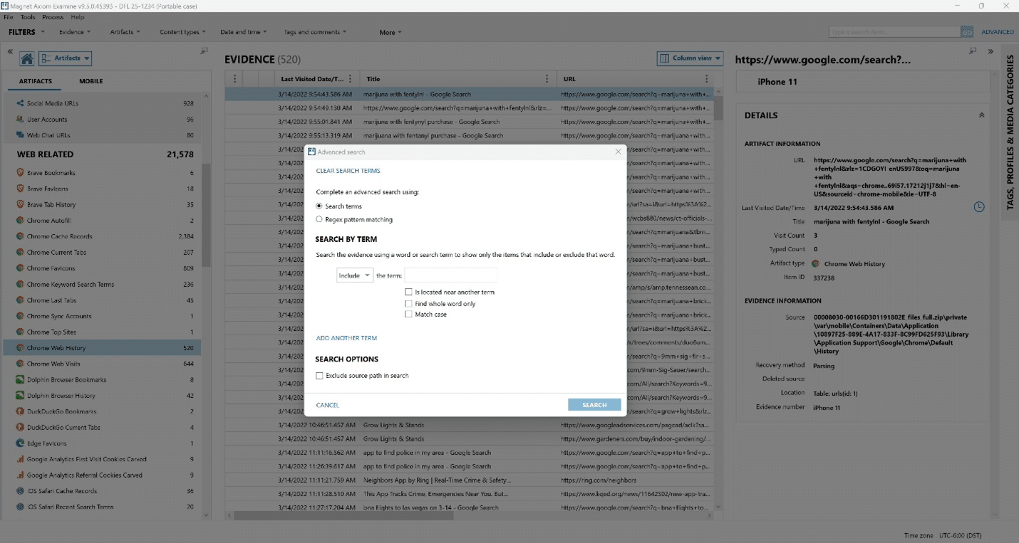 Screenshot of the advanced search interface, showing the option to search by specific terms or words.