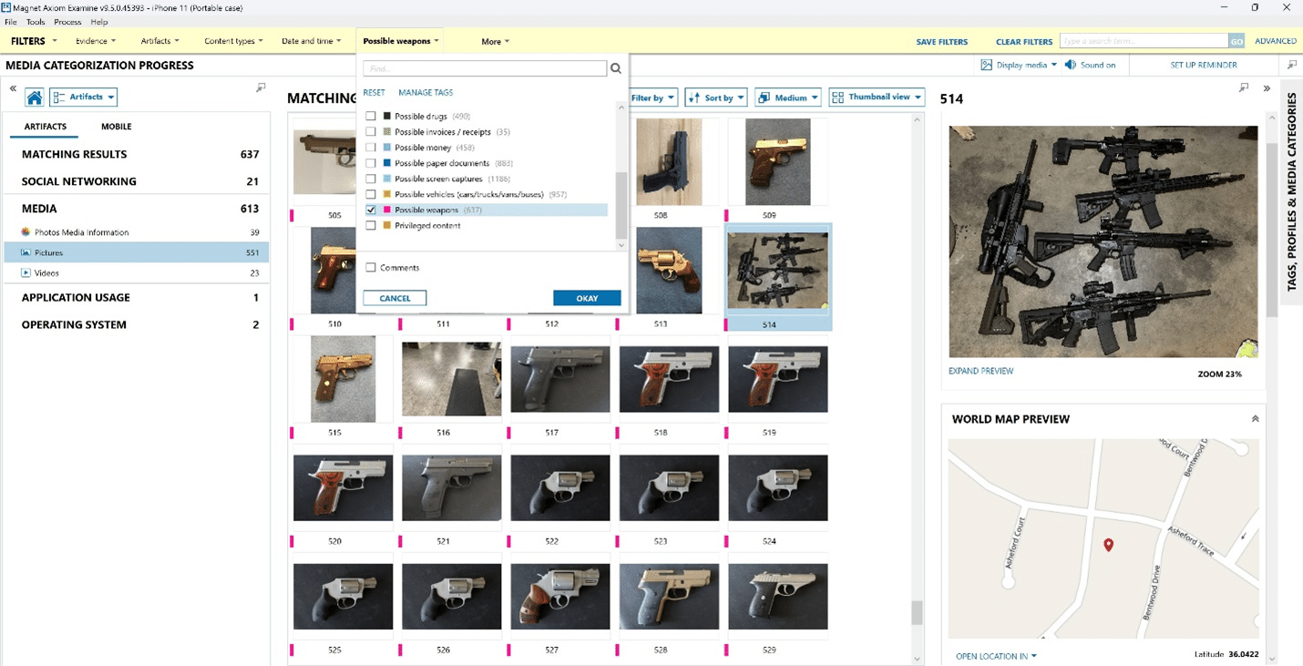 Screenshot of a filtering view for media categorization with Magnet.AI, showing a possible weapons tag being applied to pictures.