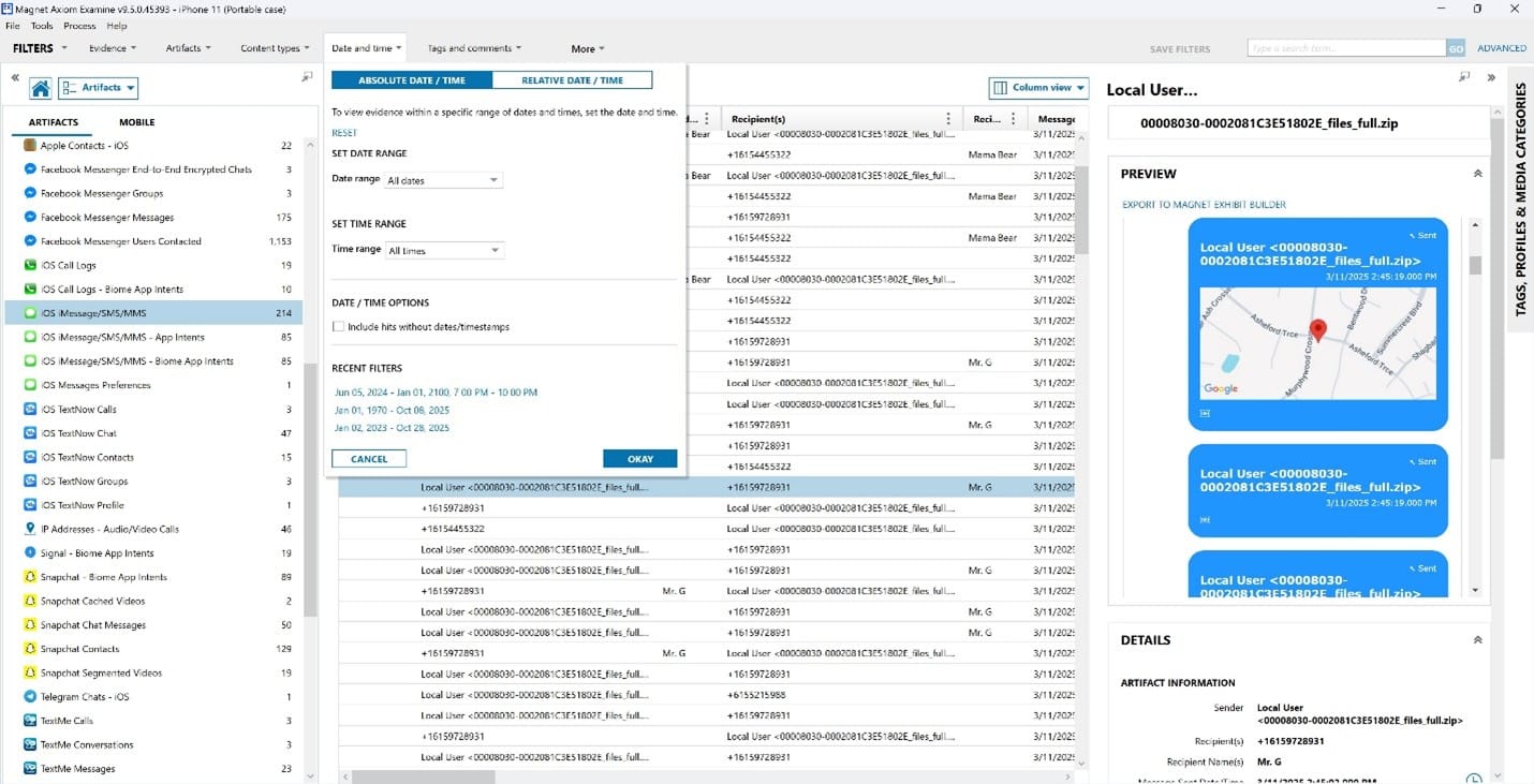 Screenshot of a filtering view showing example date and time filters, including date range, time range, absolute vs. relative options, and recently used filters.