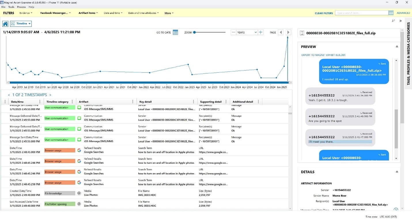 Screenshot of the Portable Case timeline feature with a chronological event graph at the top and corresponding event details listed below.