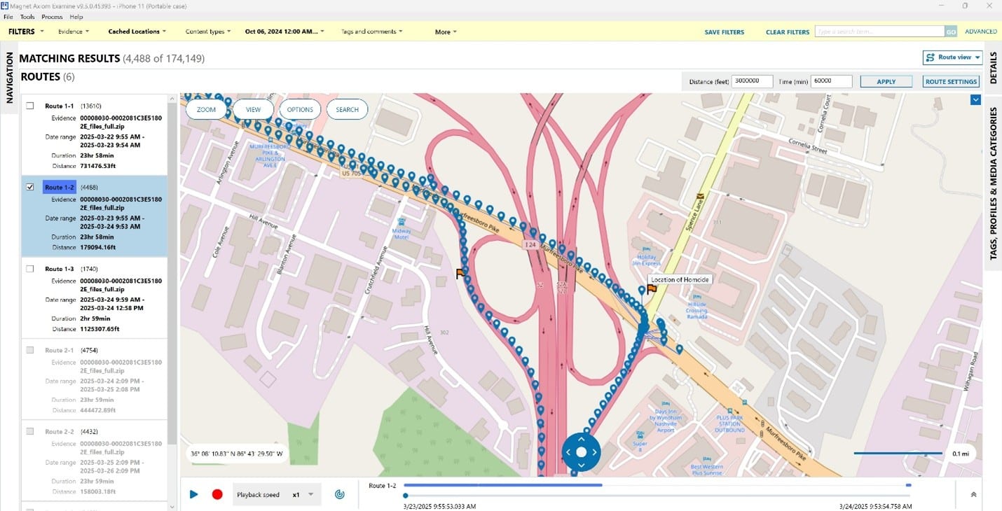 Screenshot of the Route View showing an example route based on static location data, with details such as date range, route duration, and distance.