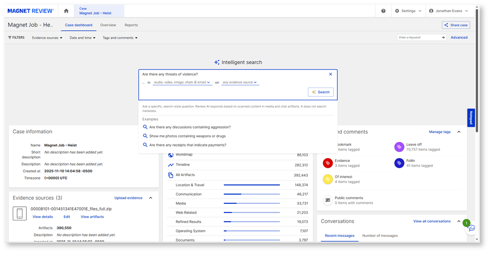 Screenshot of the case dashboard in Magnet Review featuring Intelligent Search.
