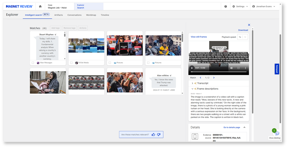The Explorer’s Intelligent Search tab displaying matched results alongside a playable video preview with AI transcript and frame descriptions.