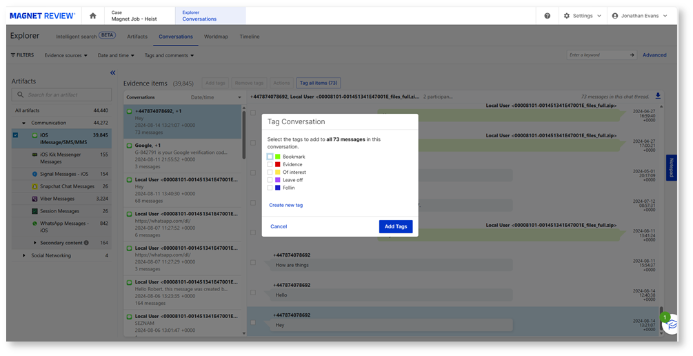 Screenshot of the Tag Conversation feature, to tag all messages in a chat thread.