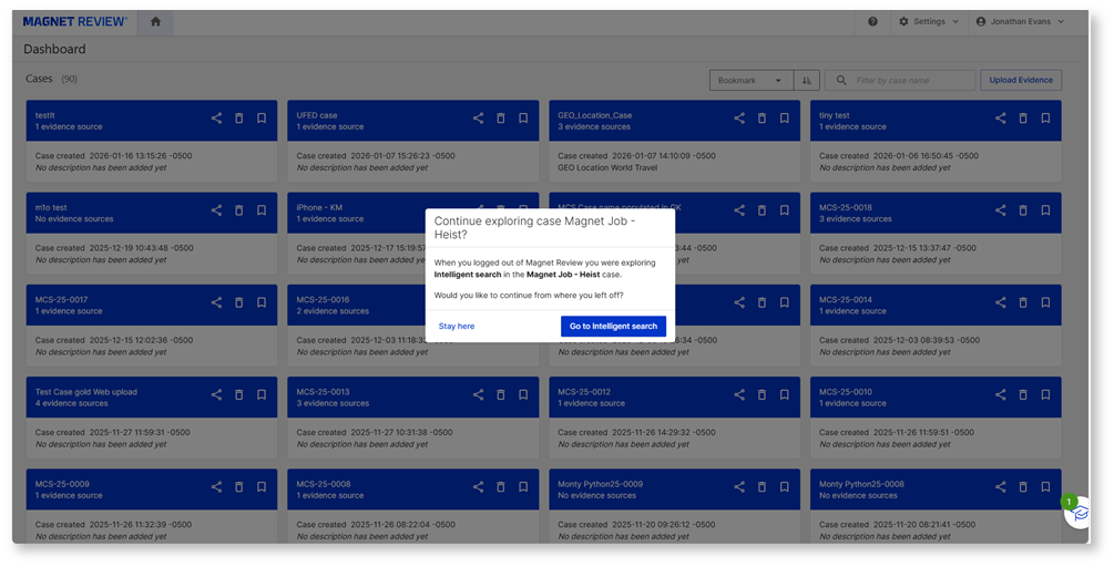 Screenshot of Magnet Review using a pop-up to resume a user’s last session and return them to where they left off or go to Intelligent Search.