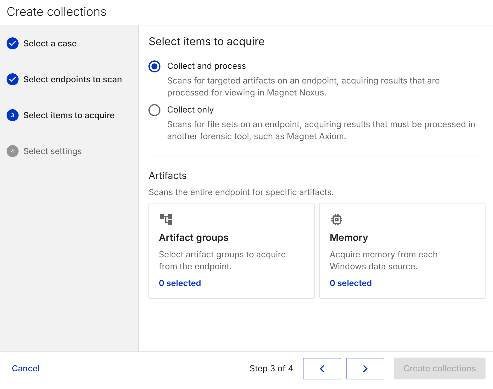 GIF showing how to create a collection in Magnet Nexus: selecting a case, choosing endpoints to scan, picking items to acquire, and configuring collection settings.