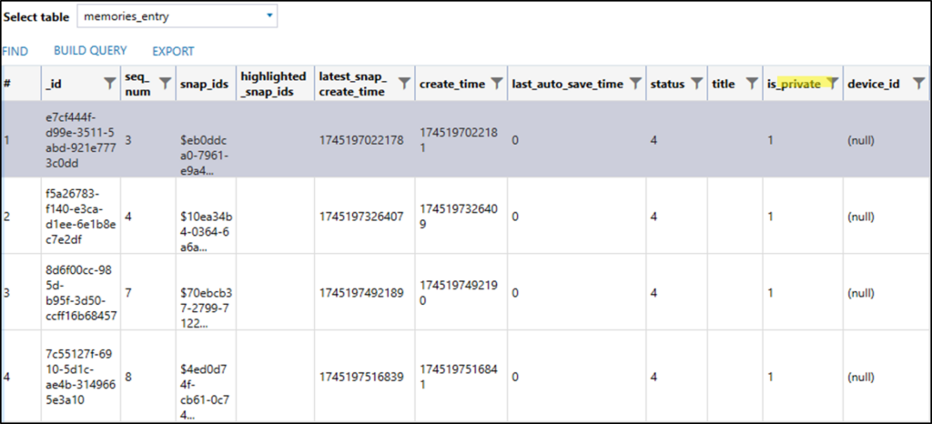A table of Android Snapchat memories entries, with an is_private column identifying My Eyes Only (MEO) media.
