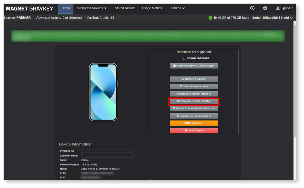Magnet Graykey Fastrak home screen highlighting the “Prepare for Fastrak extraction” button used to move a device from initial access to workstation‑based extraction.