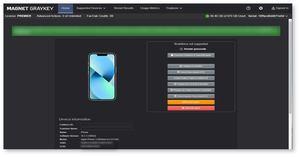 Magnet Graykey home screen highlighting the “Prepare for Axiom Express Extraction” button to initiate extraction and automated processing in Axiom.