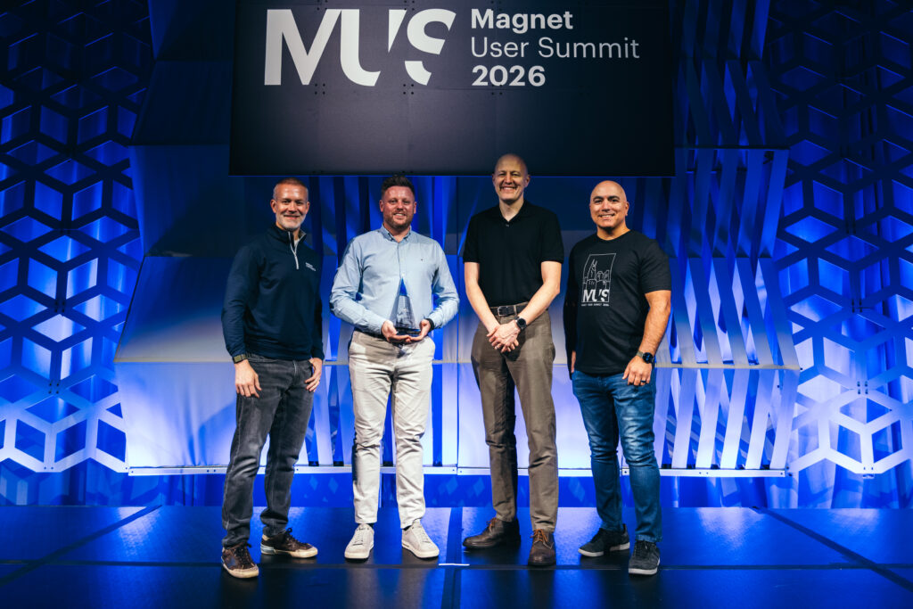 The South Wales Police award recepients on stage at Magnet User Summit 2026 recieving their trophies.