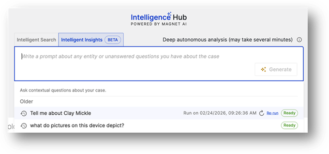 Screenshot of Magnet Review’s Intelligence Hub showing Intelligent Insights prompt entry alongside Intelligent Search.