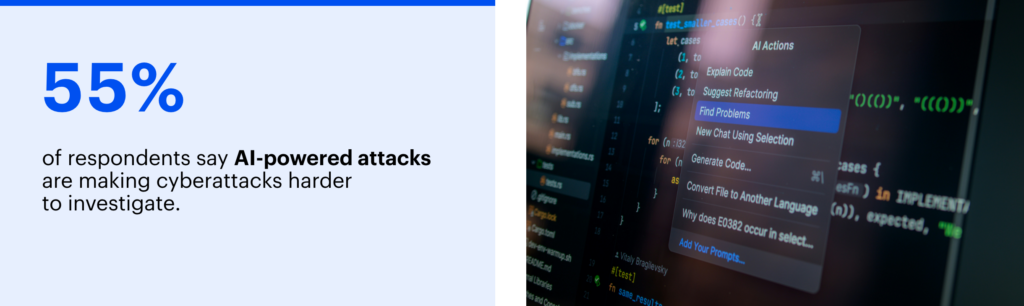 A decorative AI in enterprise DFIR image showing that 55% of respodents say that AI has made attacks harder to investigate.