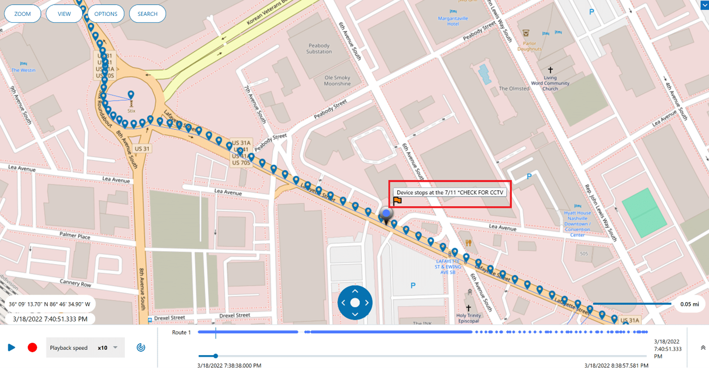 Route View example showing a mapped timeline with investigator annotations.