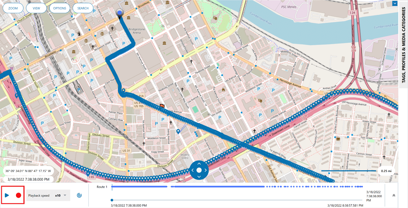 Route View displays a mapped movement timeline with Play and Record controls at the bottom right.