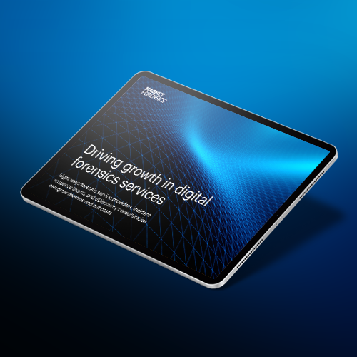 A decorative image of an iPad showing the cover of the ebook "Driving growth in digital forensics serices"