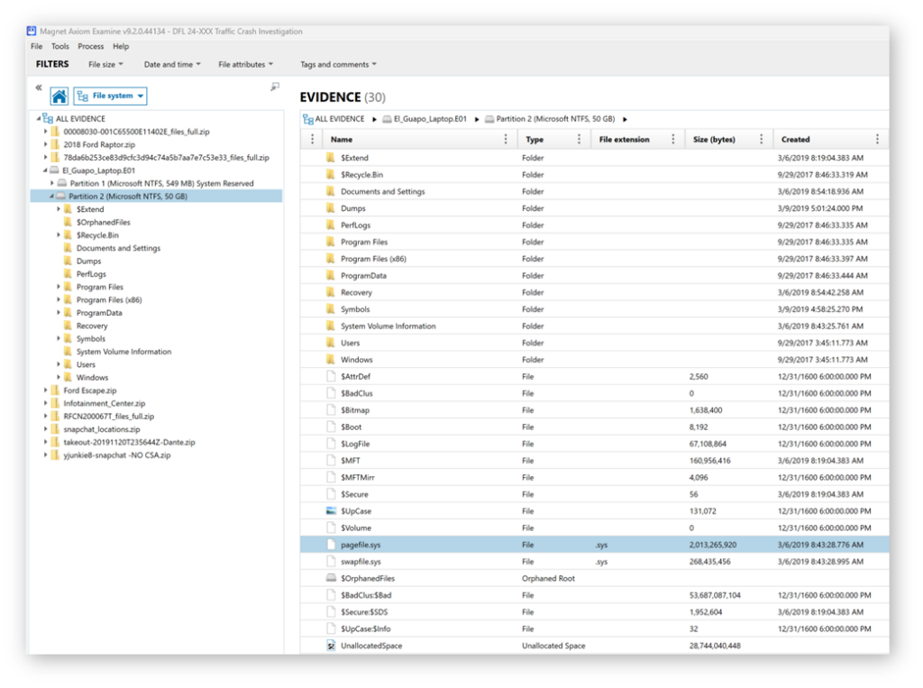 A screenshot of Magnet Axiom showing where pagefile.sys exists in the Evidence view.