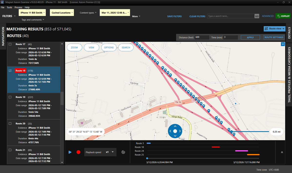Magnet Axiom Cyber route view visualizing geolocation data and timeline to track user activity across cloud and endpoint evidence