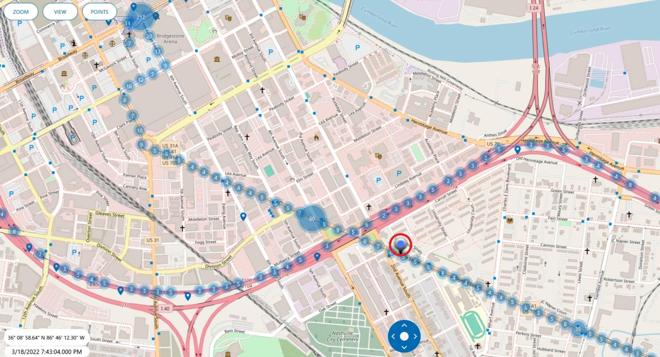 Map showing geolocation trail and movement path used to place a suspect at key locations before and after an incident