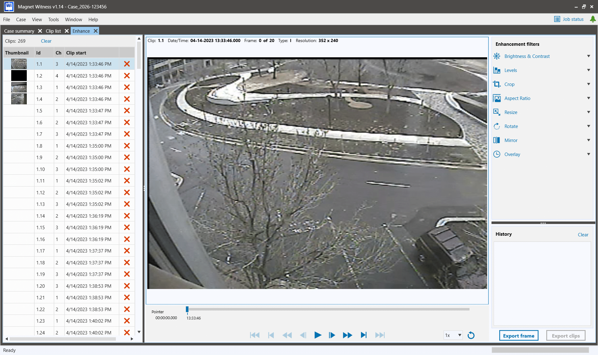 Magnet Witness Enhance workspace displaying clip list, video player, and filters panel for applying adjustments within a centralized, repeatable workflow.