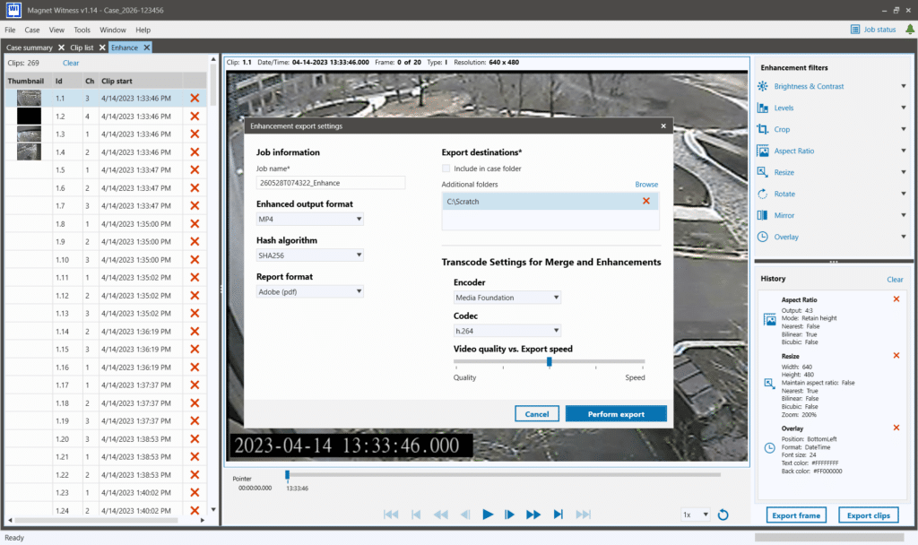 Magnet Witness Enhance workspace showing video clip preview, filters panel, adjustment history, and export settings.