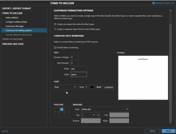 Screenshot of bates numbering setup for PDF exports.