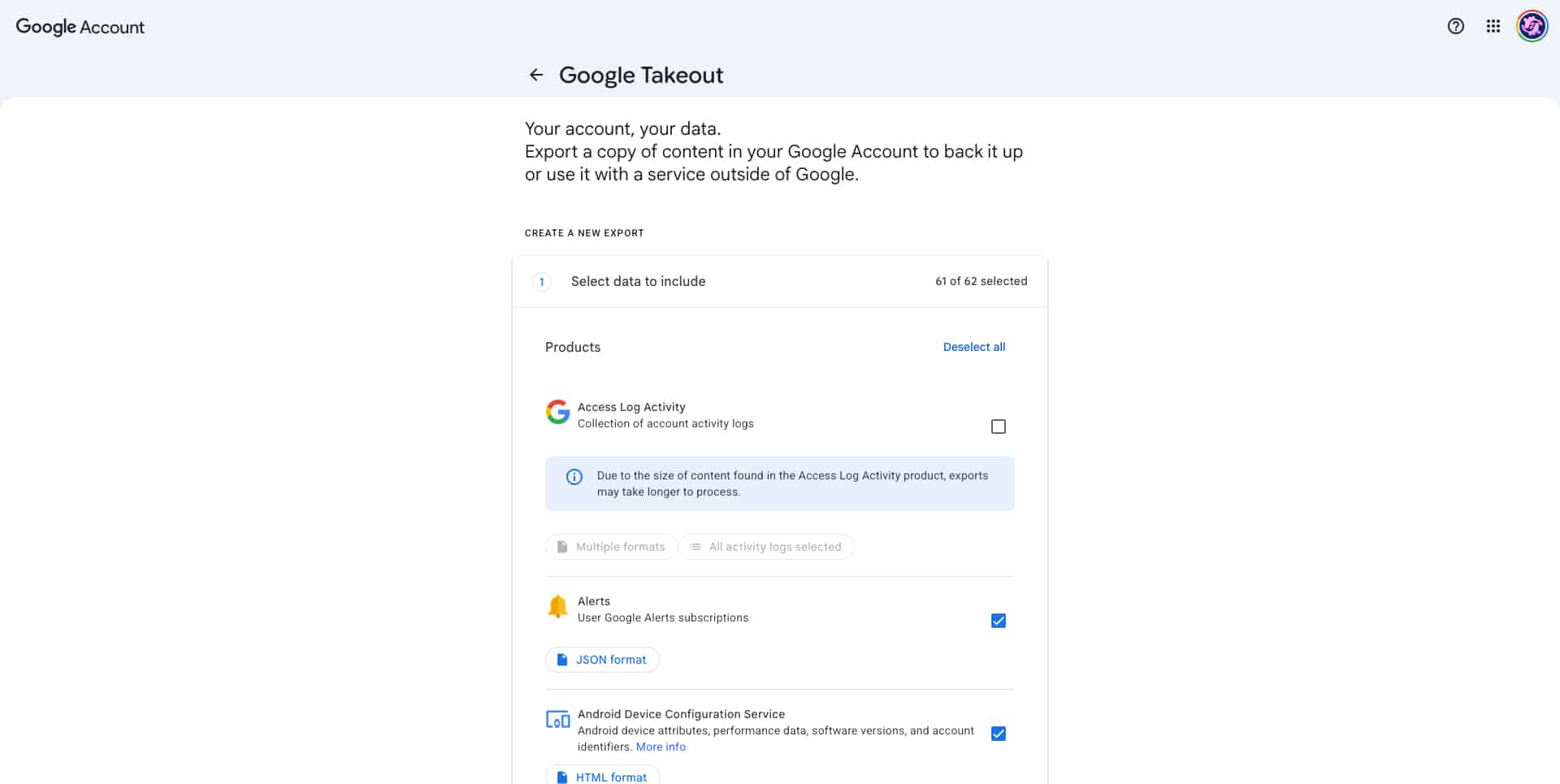 Google Takeout export dashboard showing selectable Google account data categories and activity records.