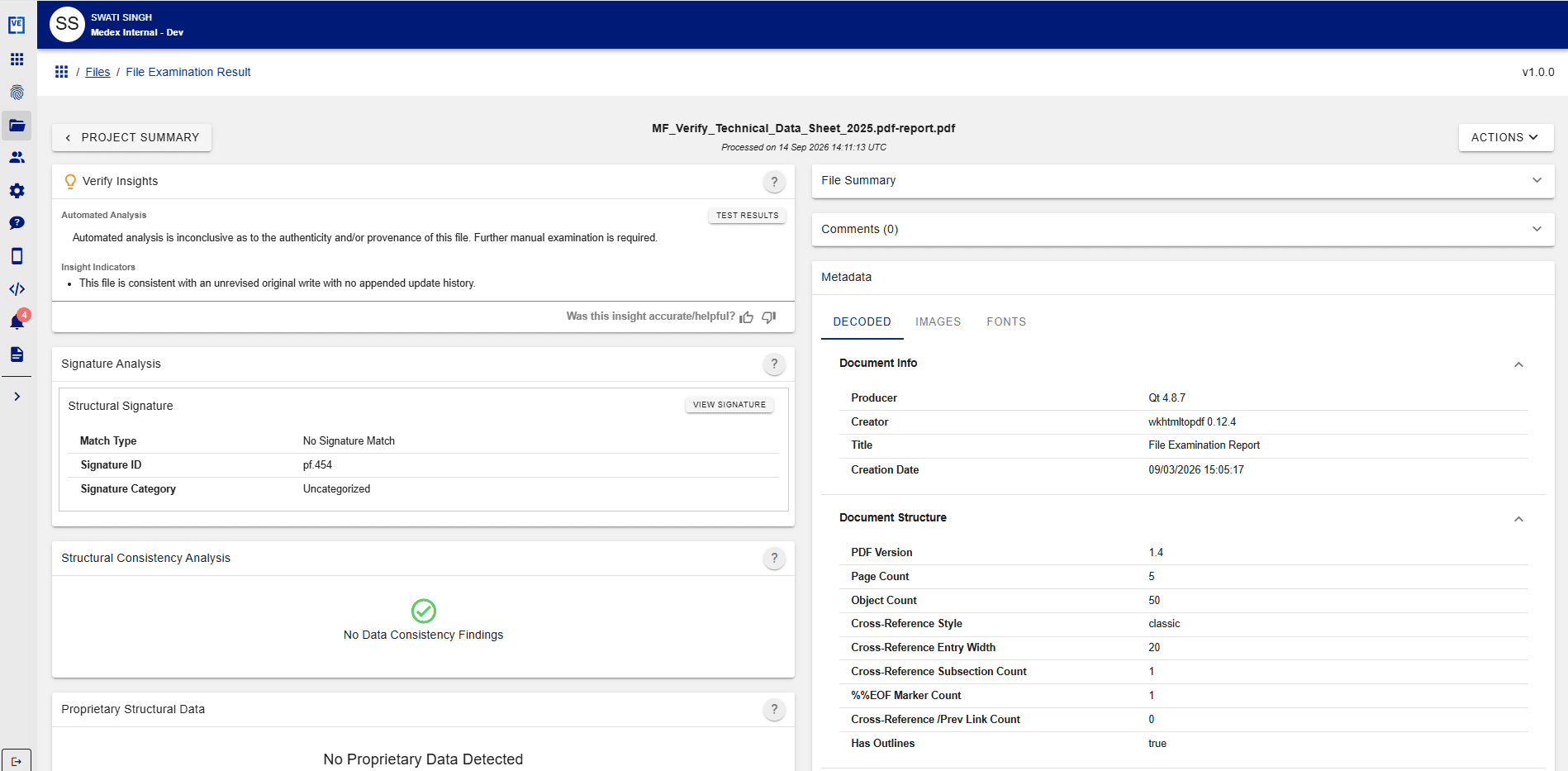 Magnet Verify PDF Analysis dashboard showing file examination results, authenticity insights, signature analysis, and PDF metadata for forensic document review.