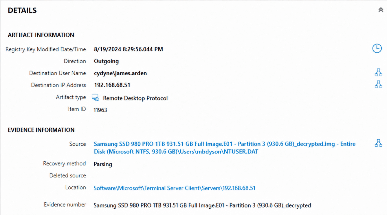 Axiom RDP registry artifact showing an outgoing connection to 192.168.68.51