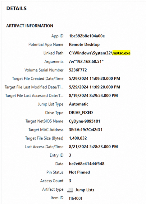 Jump List entry showing mstsc.exe launched with the argument /v:192.168.68.51