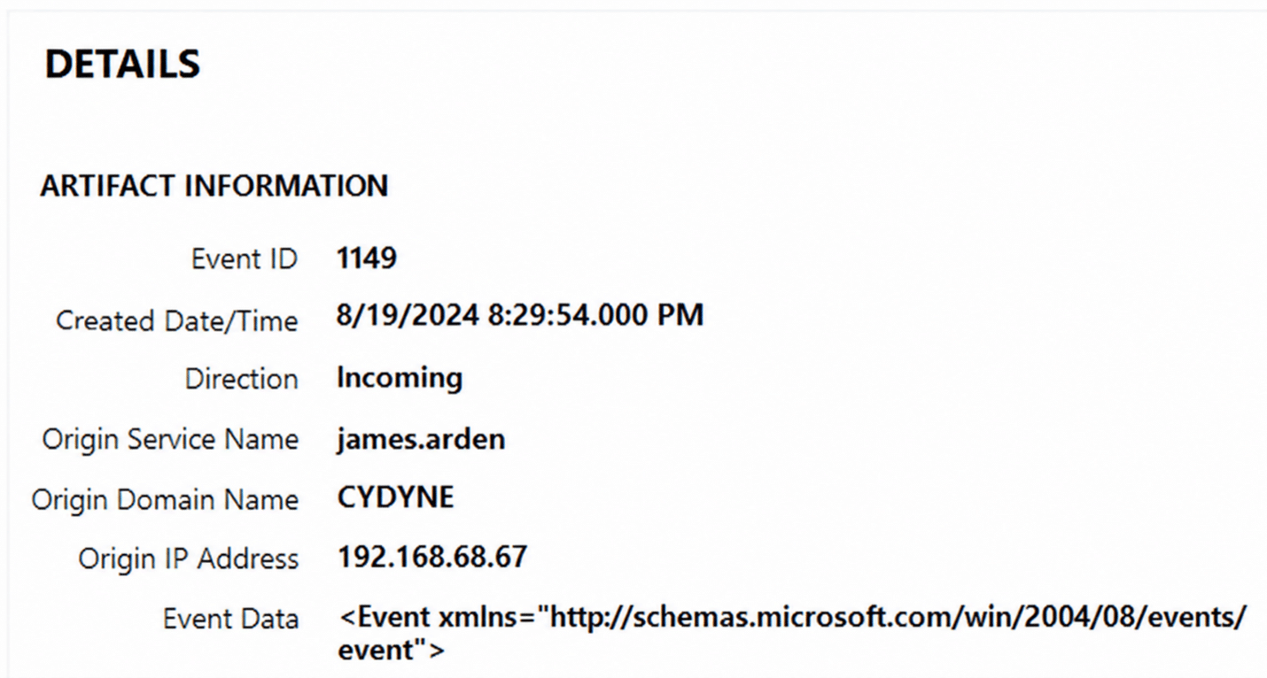 Event ID 1149 details showing an incoming RDP connection from 192.168.68.67