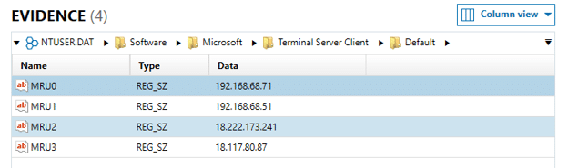 Terminal Server Client registry key listing four MRU RDP destinations