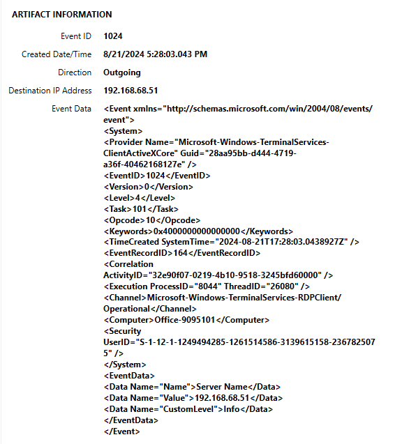 Event ID 1024 RDP client log entry for an outgoing connection to 192.168.68.51