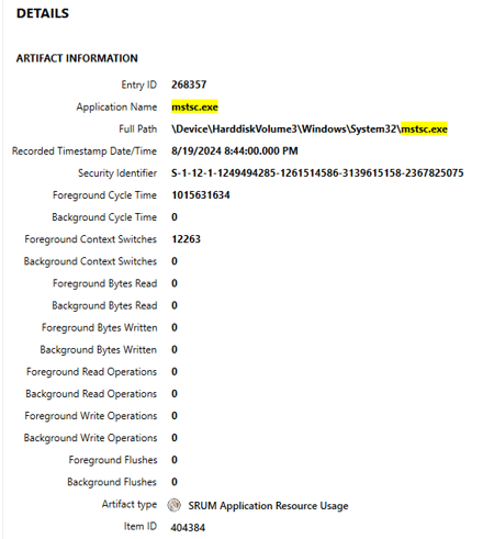 SRUM application resource usage entry for mstsc.exe
